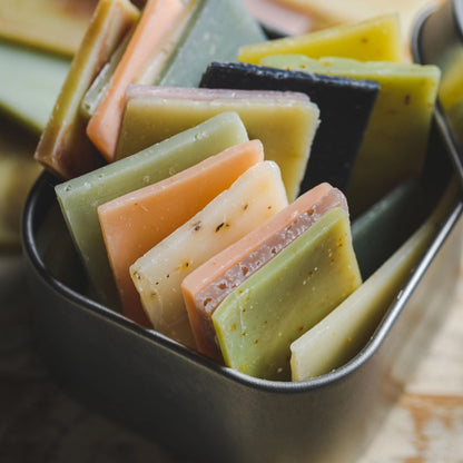 Close up detail of Wander Wash Soap Slices in tin